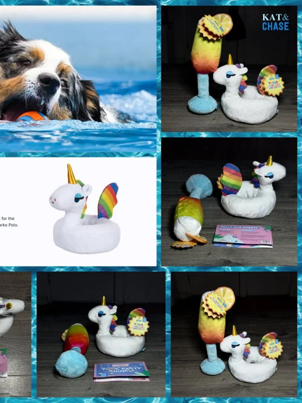 Bark Box Tina The Tubular Unicorn & FUNRISE REFRESHER Mimosa Pool M-L Dog Toy